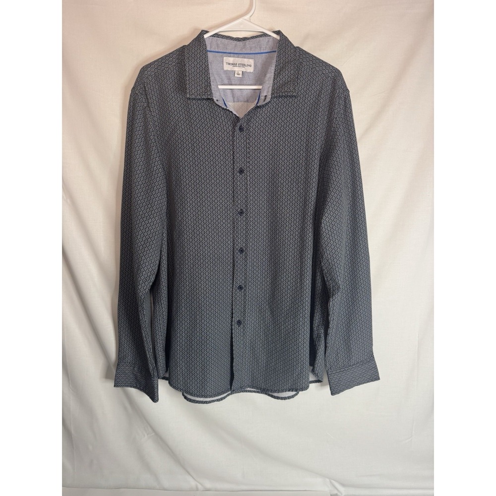 Thomas Sterling Shirt Mens Large Blue Geometric Stretch Long Sleeve Dress Shirt